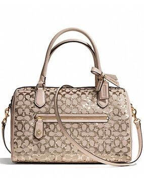 Coach Champagne Leather Gold Sequined Poppy Signature East West Satchel